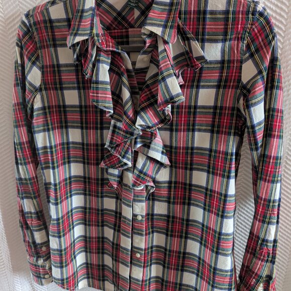 Lauren Ralph Lauren plaid ruffled button down blouse Small Academia Tartan - Picture 7 of 9